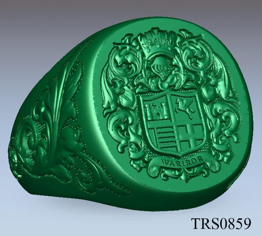 Wax model render of a crest signet ring before casting.